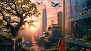 Nature’s Embrace in Urban Futures – free AI stock image