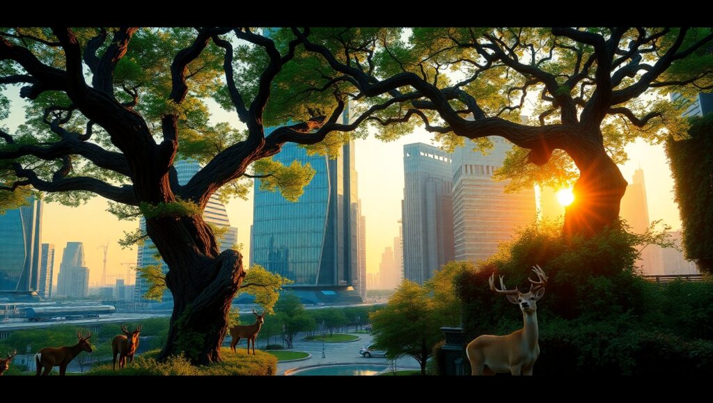 Nature’s Embrace of Urban Life – free AI stock image