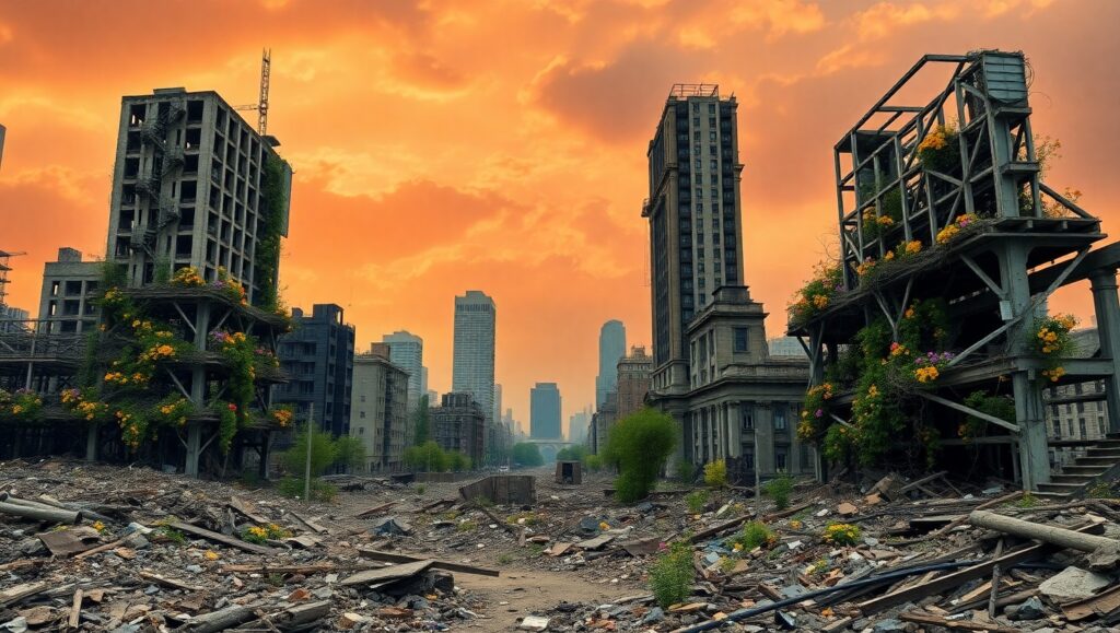 Nature’s Reclamation of Urban Ruins U5Q – free AI stock image