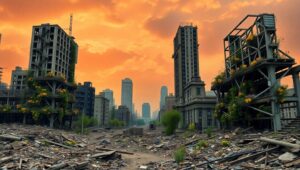 Nature’s Reclamation of Urban Ruins U5Q – free AI stock image