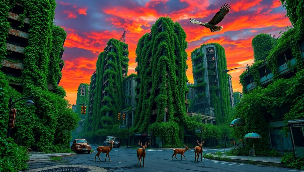 Nature’s Reclamation of Urban Ruins – free AI stock image