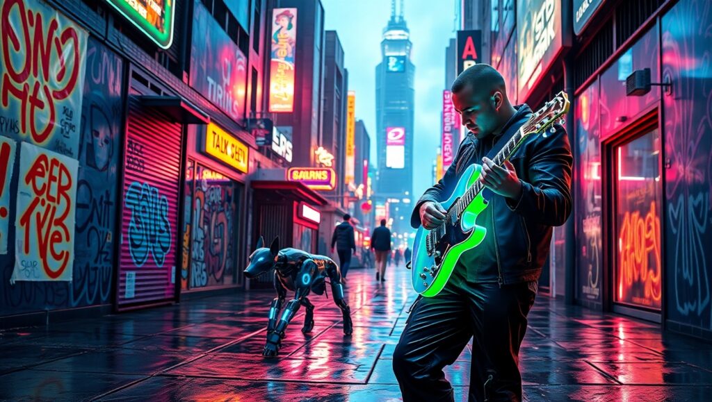 Neon Alley: Cyberpunk Harmony – free AI stock image