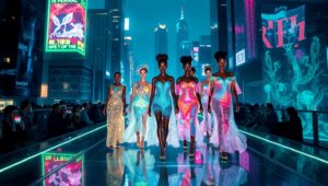 Neon Aquatic Fashion Showcase – free AI stock image
