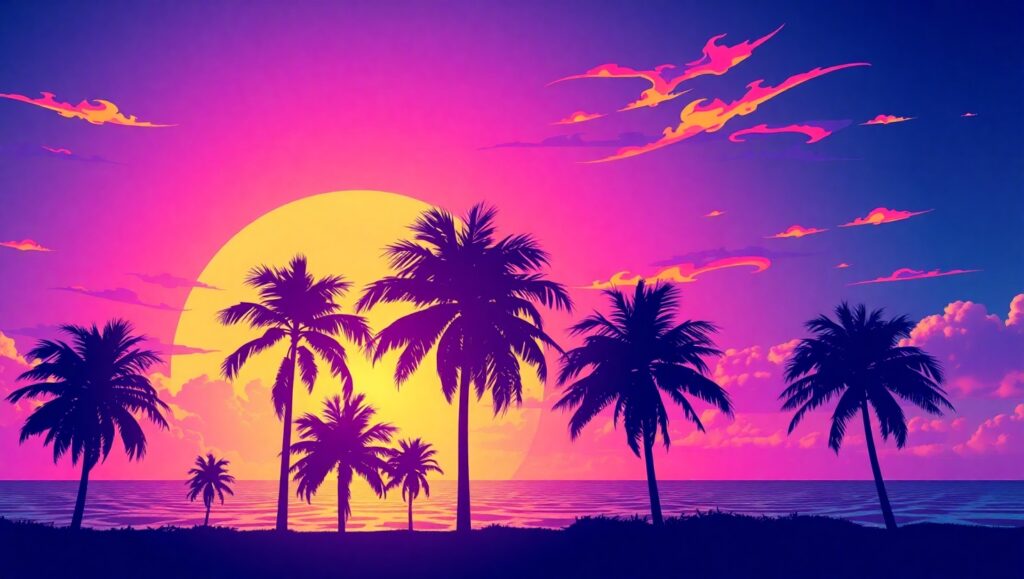 Neon Beach: A Retro Sunset Experience – free AI stock image