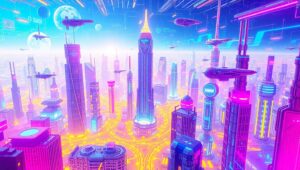 Neon City Digital Interface Display – free AI stock image