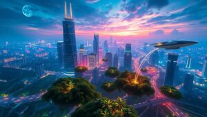 Neon City: Futuristic Nightscape – free AI stock image