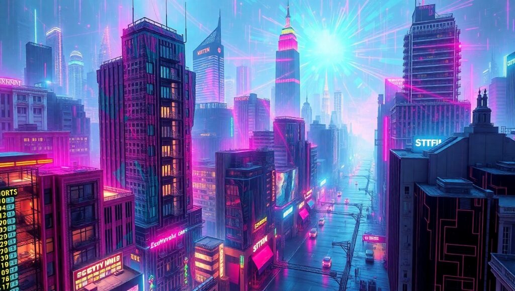 Neon City Under Distortion – free AI stock image