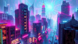 Neon City Under Distortion – free AI stock image