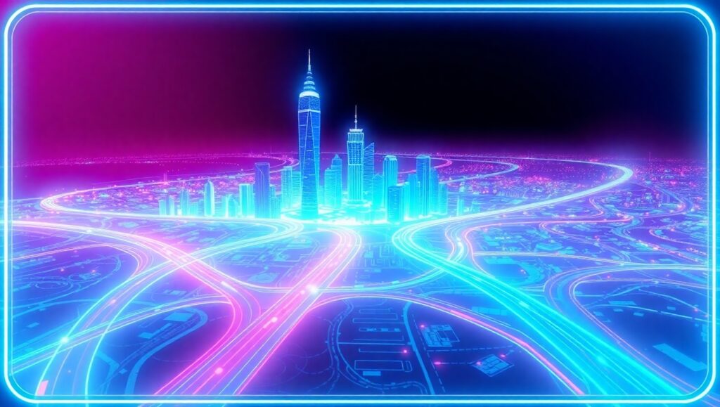 Neon Cityscape Digital Interface – free AI stock image