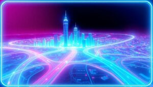 Neon Cityscape Digital Interface – free AI stock image