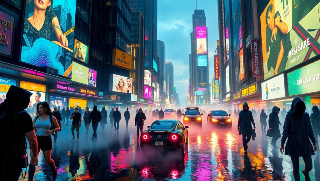 Neon Dreams: Cyberpunk Marketplace – free AI stock image