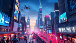 Neon Dreams in a Cyberscape – free AI stock image