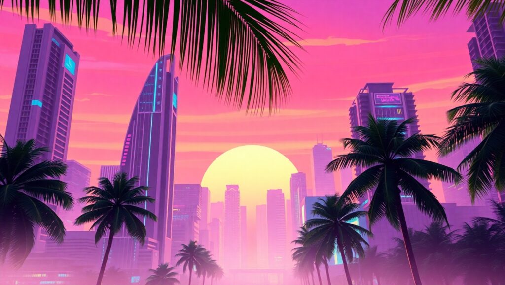 Neon Dreams in a Retro City acd – free AI stock image