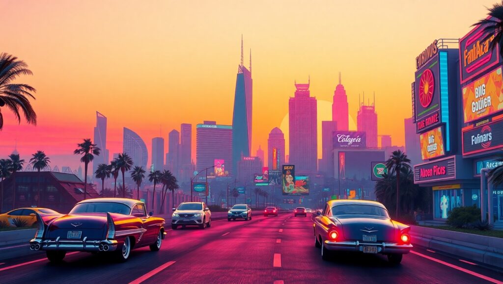 Neon Dreams in a Retro City – free AI stock image