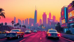 Neon Dreams in a Retro City – free AI stock image