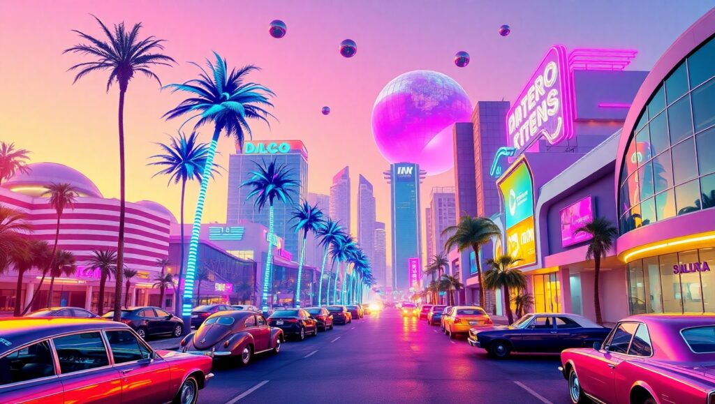 Neon Dreams in a Retro Landscape – free AI stock image