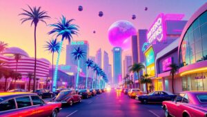 Neon Dreams in a Retro Landscape – free AI stock image