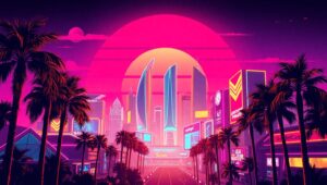 Neon Dreams of a Retro City – free AI stock image