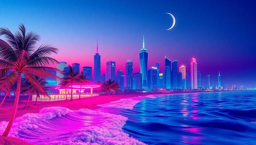 Neon Dreams Over Crystal Waves – free AI stock image