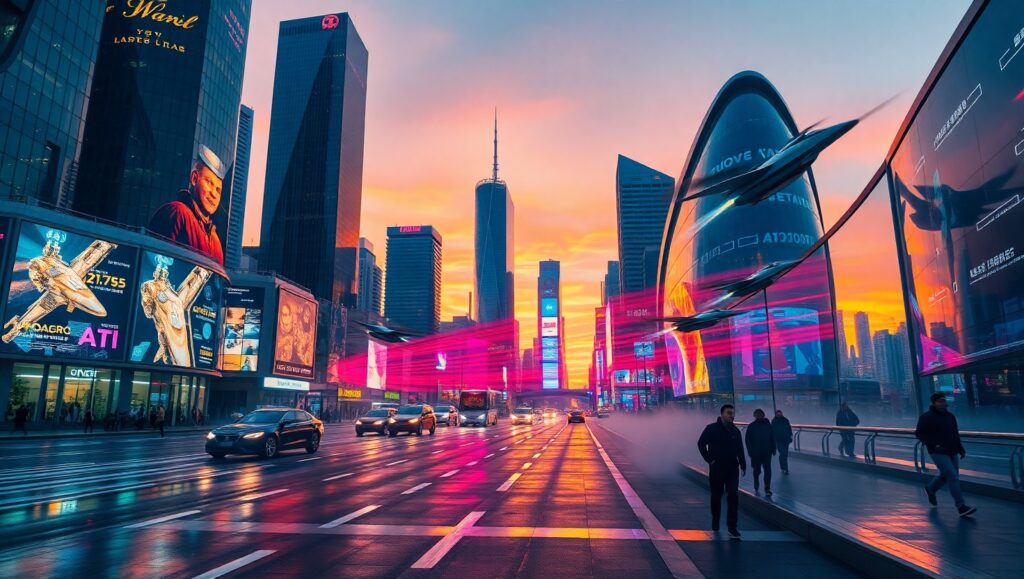 Neon Dusk Over Futuristic City – free AI stock image