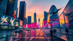 Neon Dusk Over Futuristic City – free AI stock image