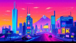 Neon Futuristic Cityscape at Dusk – free AI stock image