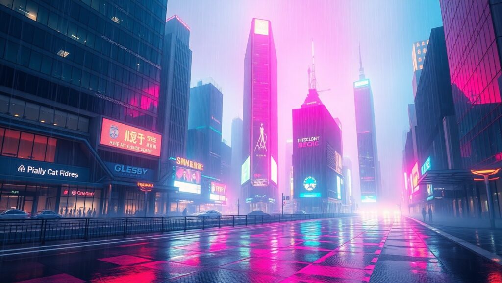 Neon Glitch Cityscape in Chaos – free AI stock image