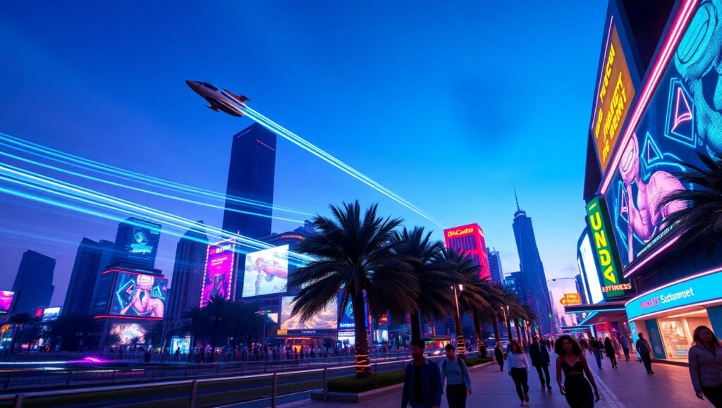 Neon Holograms Above the City – free AI stock image