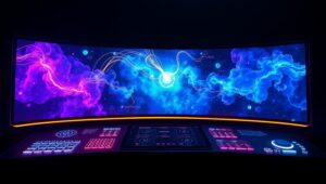 Neon Holographic Universe Control Panel – free AI stock image