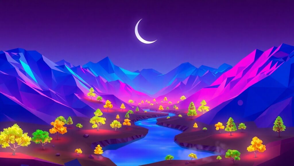 Neon Low-Poly Valley Scene – free AI stock image