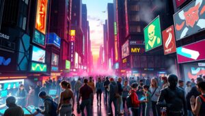 Neon Market in Cyberpunk – free AI stock image