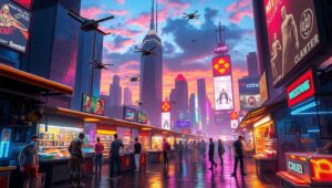 Neon Marketplace of the Future – free AI stock image
