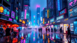 Neon Night Market in Cyberpunk City – free AI stock image