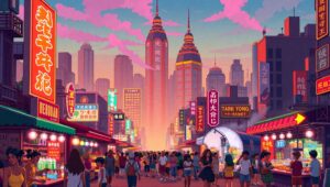 Neon Night Market in Pixel Art – free AI stock image