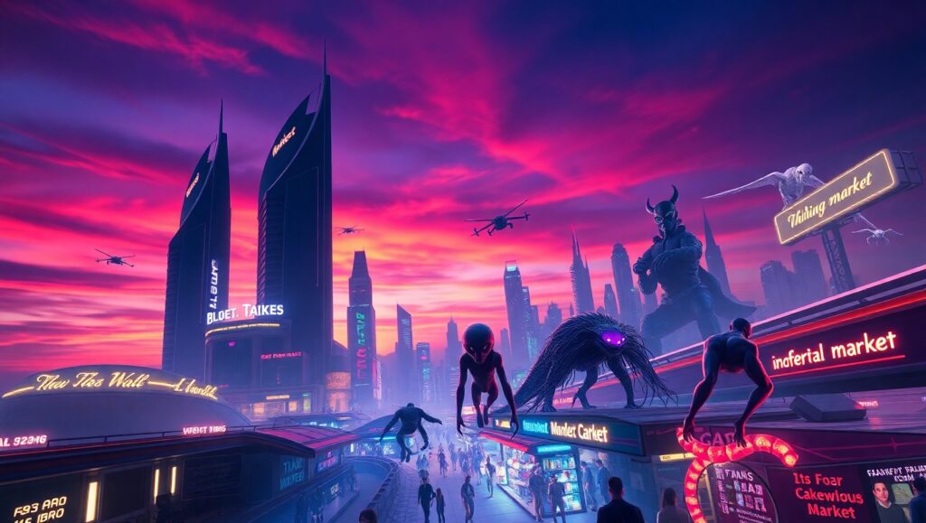 Neon Nights in Alien Metropolis – free AI stock image