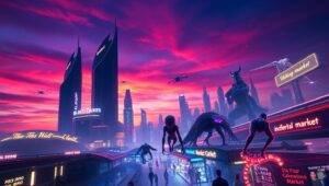 Neon Nights in Alien Metropolis – free AI stock image