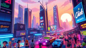 Neon Pixel City at Twilight – free AI stock image