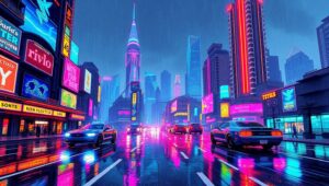 Neon Rain in a Pixel Cityscape – free AI stock image