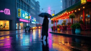 Neon Reflections on Rainy Streets – free AI stock image