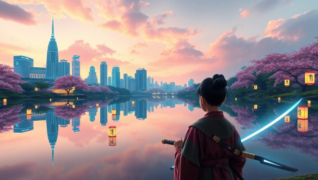 Neon Samurai by the Lake – free AI stock image