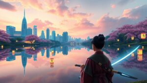 Neon Samurai by the Lake – free AI stock image