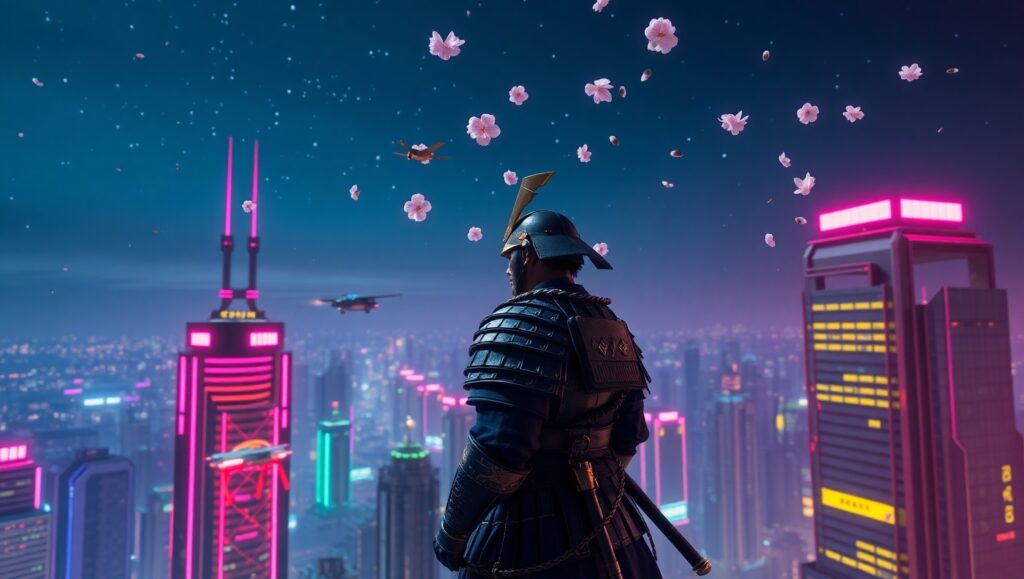 Neon Samurai in Cherry Blossom – free AI stock image