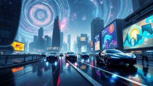 Neon Skyline of the Future – free AI stock image