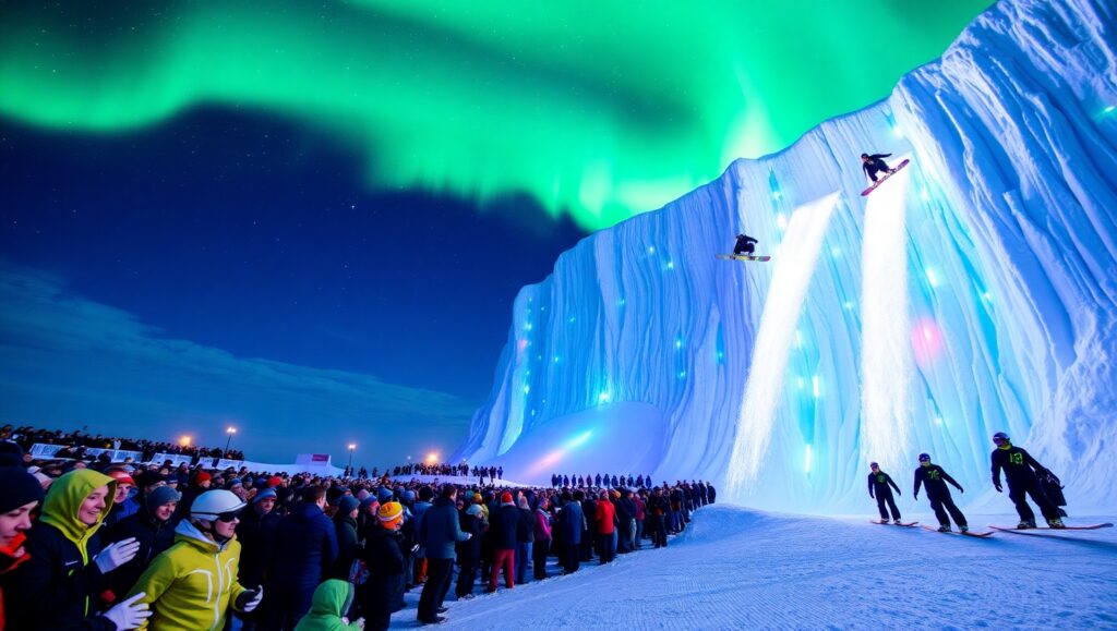 Neon Snowboarding on Ice Cliffs – free AI stock image