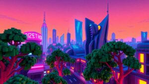 Neon Voxel City at Dusk – free AI stock image