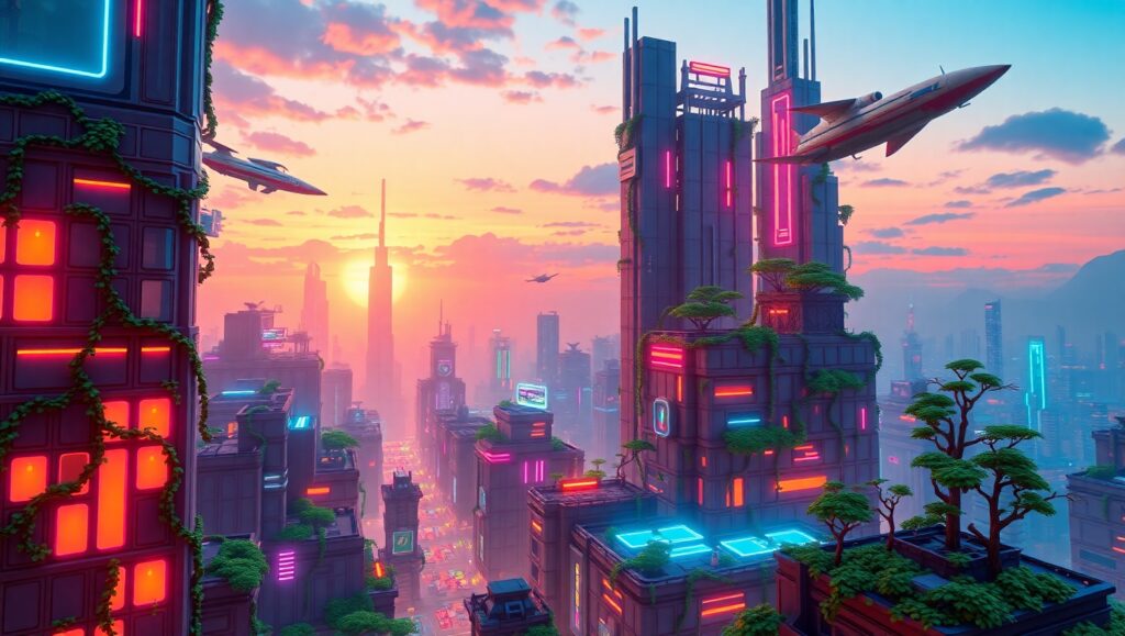 Neon Voxel City at Dusk – free AI stock image