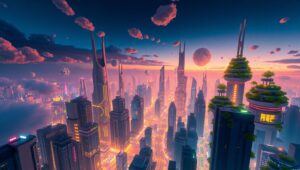 Neon Voxel Cityscape Adventure – free AI stock image