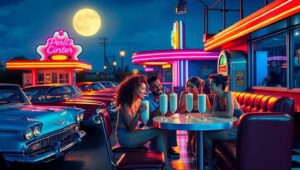Nightlife at the Retro Diner – free AI stock image