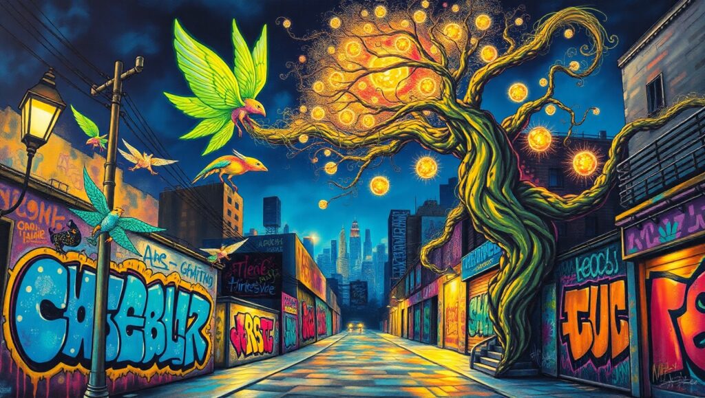 Nighttime Urban Graffiti Fantasy – free AI stock image