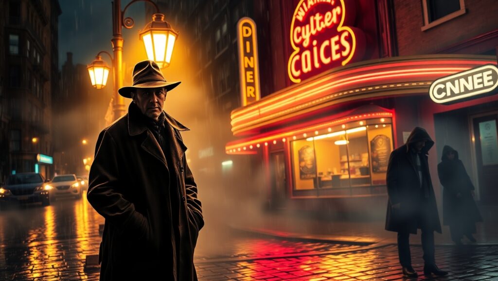 Noir Detective Beneath Neon Lights – free AI stock image